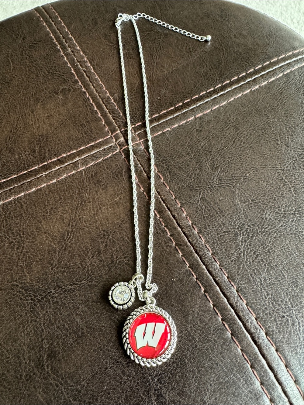 Wisconsin Red Medallion Pendant Necklace - Silver Chain